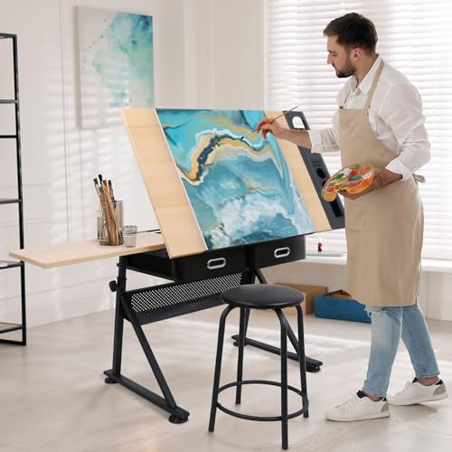LEMY Drafting Table with Stool, Height Adjustable Tilting Tabletop Art Desk with Storage Drawer, Artist Sketching Work Station for Drawing, Writing, Home Office - Thumbnail 2
