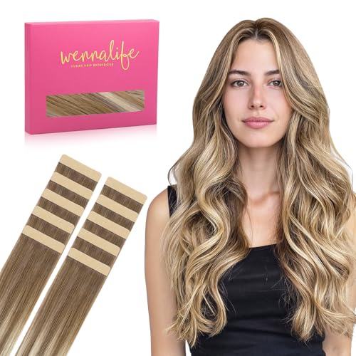 Image of WENNALIFE Tape in Hair Extensions Human Hair Balayage Dirty Blonde with Platinum Ends Tape in Extensions, 10pcs 20g 10 inch Remy Invisible Tape Ins Straight Colored Soft Refill Set