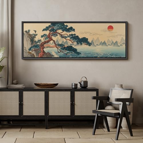 Image of MUDECOR Large Framed Canvas Print Wall Art Traditional Asian Coastal Pine Tree Sunrise Landscape Antique Retro Ready to Hang Painting for Living Room Bedroom Multi-Sizes - 60 inchx20 inch