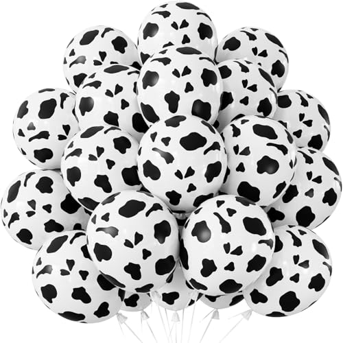 Adeyoo Cow Print Balloons 50Pcs 12 Inch Black and White Cow Latex Balloons for Farm Theme Birthday Barnyard Baby Shower Western Cowboy Cowgirl Party Decorations