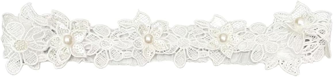 Bridal Lace Wedding Garter, White, Floral Embroidered with Sequins and Pearl Beads, Stretch Elastic Band
