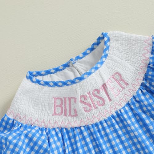 Toddler Girls Smocked Big Sister Dress Short Sleeve Plaid Letter Embroidery Bubble A-line Pink Bishop Dresses4
