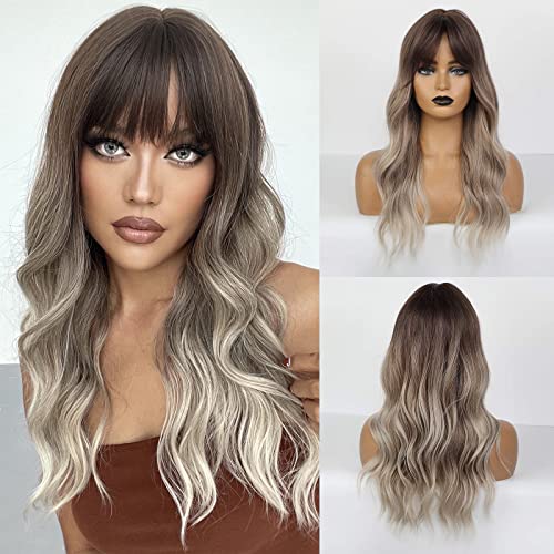HAIRCUBE Ombre Peluca gris plateada Partida media Pelucas largas y rizadas para mujeres para mujeres Pelucas sintéticas de aspecto natural Cover