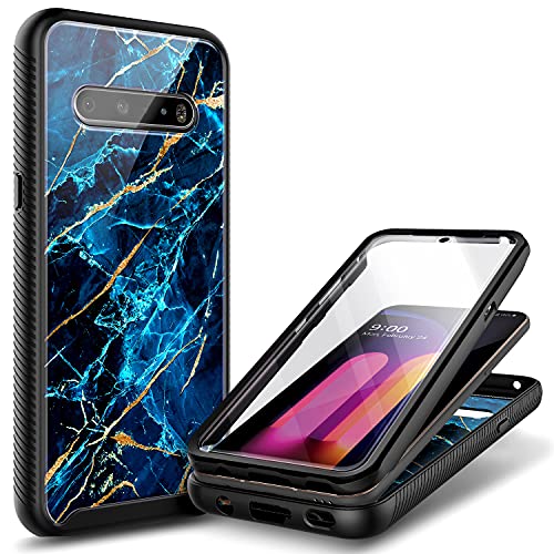 Case Compatible for LG V60 ThinQ with [Built-in Screen Protector], Full-Body Shockproof Protective Rugged Bumper Cover, Impact Resist Phone Case -Marble Design Sapphire