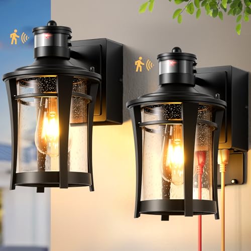 Image of Gleamz 2-Pack Porch Light with Outlet, Black Motion Sensor Outdoor Light