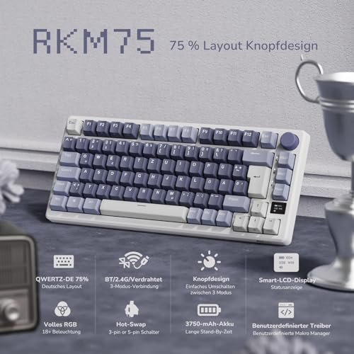 RK ROYAL KLUDGE M75 Gaming Tastatur kabellos 75% TKL Mechanische Tastatur RGB 2,4 GHz Wireless/Bluetooth/USB-C QWERTZ mit OLED-Smart-Display und Knopf Hot Swappable Roter Schalter, Lavendelviolett – Bild 3