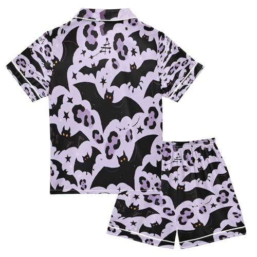 Satin Pajama Sets Short Sleeve Bats Leopard Halloween Pattern Button Down Silky Nightwear 2 Piece PJS 5-14Y2
