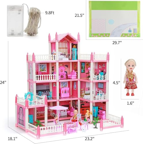 Image of Doll House, Dream House for Girls Pretend Toys - 4 Story 16 Rooms Dollhouse 7-8 Furniture and Accessories, Toddler Playhouse DIY Building Kids Gift for for 3 4 5 6 7 8 9 10 Year Old Girls
