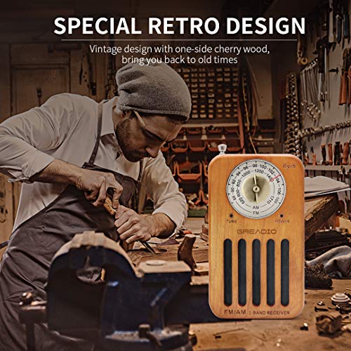AM/FM Portable Radio, Retro Cherry Wood Pocket Radio with Best Reception, Headphone Jack, Battery Operated Personal Transistor by 2 AA Battery for Jogging, Walking and Travelling