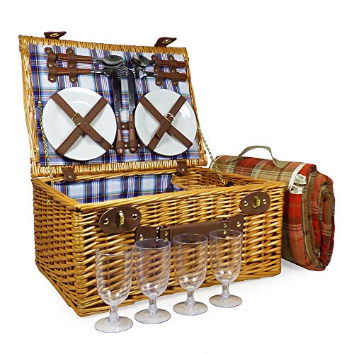 Fine Food Store Henley 4 persona mimbre de picnic de lujo equipada cesta cesto con la manta púrpura impermeable de tartán - Regalo perfecto para el Día de la Madre