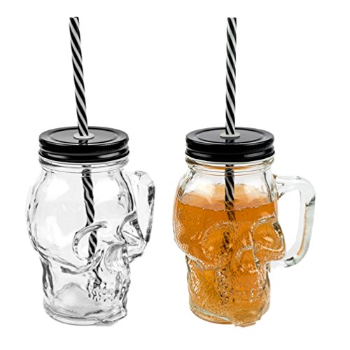 3D Totenkopf Glas Trinkglas mit Deckel und stabilem Strohhalm 450ml 2er-Set