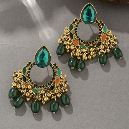 Bollywood Chandelier Statement Tassel Dangle Earrings Antique Gold Enamel Bohemian Rhinestone Beaded Jhumka Drop Dangling Stud Lightweight Vintage Indian Jewelry Holiday Gifts for Women Girls3