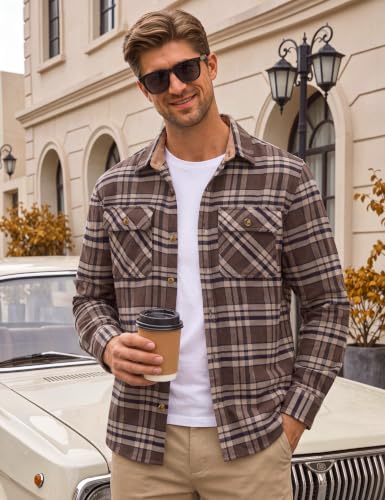 Image of Cotrasen Mens Flannel Shirts Cotton Plaid Button Down Shirt | Long Sleeve, Corduroy Collared, Soft,Breathable, Work, Western, Trendy, Casual Classic Flannel Shirt with Pocket