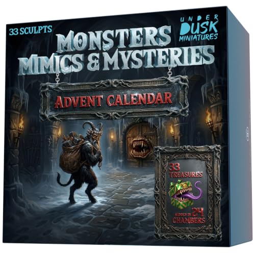 Image of DND Miniatures Advent Calendar, 33 Unpainted Monster & Mimic Minis | Includes dungeon terrain & mystery NPC figurines, 28mm, PVC, ready for hobbyists & ttrpg players