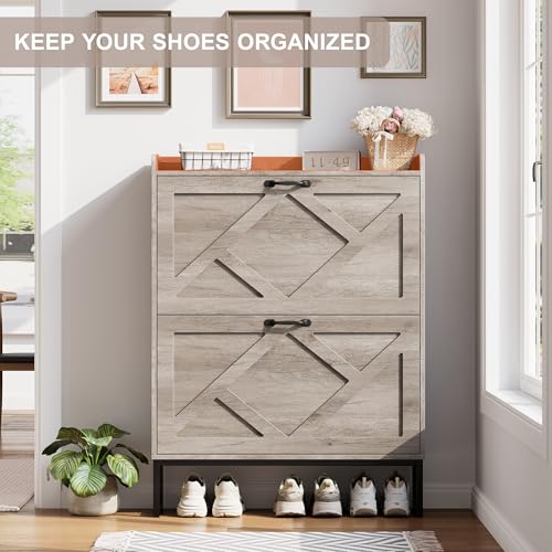 Image of Nicetree Shoe Storage Cabinet with 2 Flip Drawers, Freestanding Shoe Organizer, Shoe Cabinet with Metal Legs, Narrow Shoe Rack Cabinet, Farmhouse Slim Shoe Cabinet for Entryway, Hallway, Rustic Gray