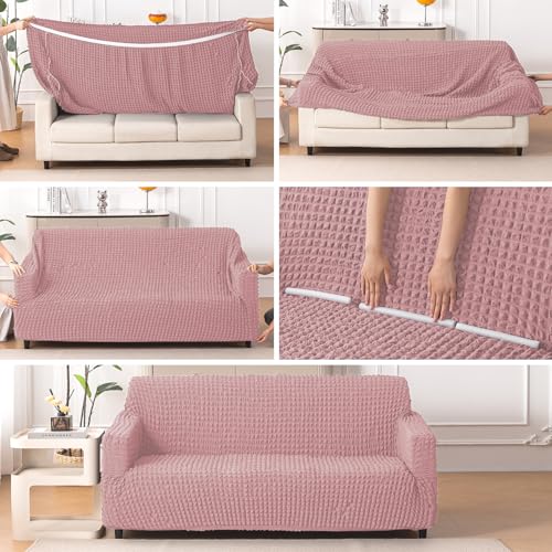Image of HOKIPO 'Aria Nova' 280 GSM Elastic 2 Seater Bubble Sofa Cover Stretchable Slipcover, Tea Rose Pink (AR-6209-PNK)