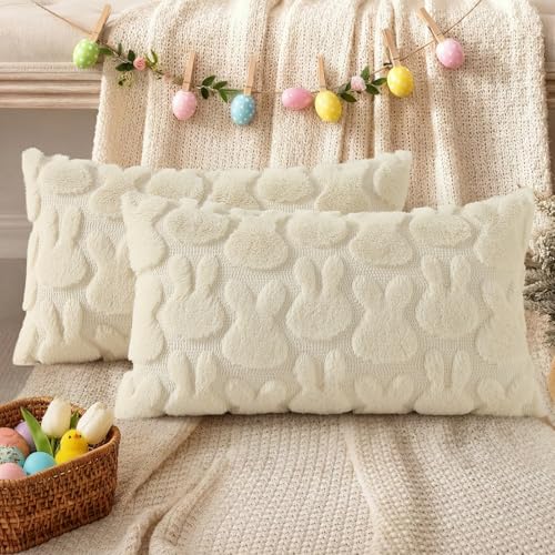 Image of decorUhome Easter Bunny Pillow Covers 12x20 Inch Set of 2, Soft Plush Faux Wool Jacquard Beige Rabbit Cushion Covers, Farmhouse Neutral Spring Easter Holiday Decor for Couch Sofa Bed
