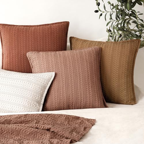 Image of Foindtower Set of 2 Decorative Cotton Waffle Weave Lumbar Throw Pillow Covers Euro Shams Cushion Covers Accent European Pillowcase for Bed Couch Bedroom Living Room Home Decor 12x20 Inch Coral Pink