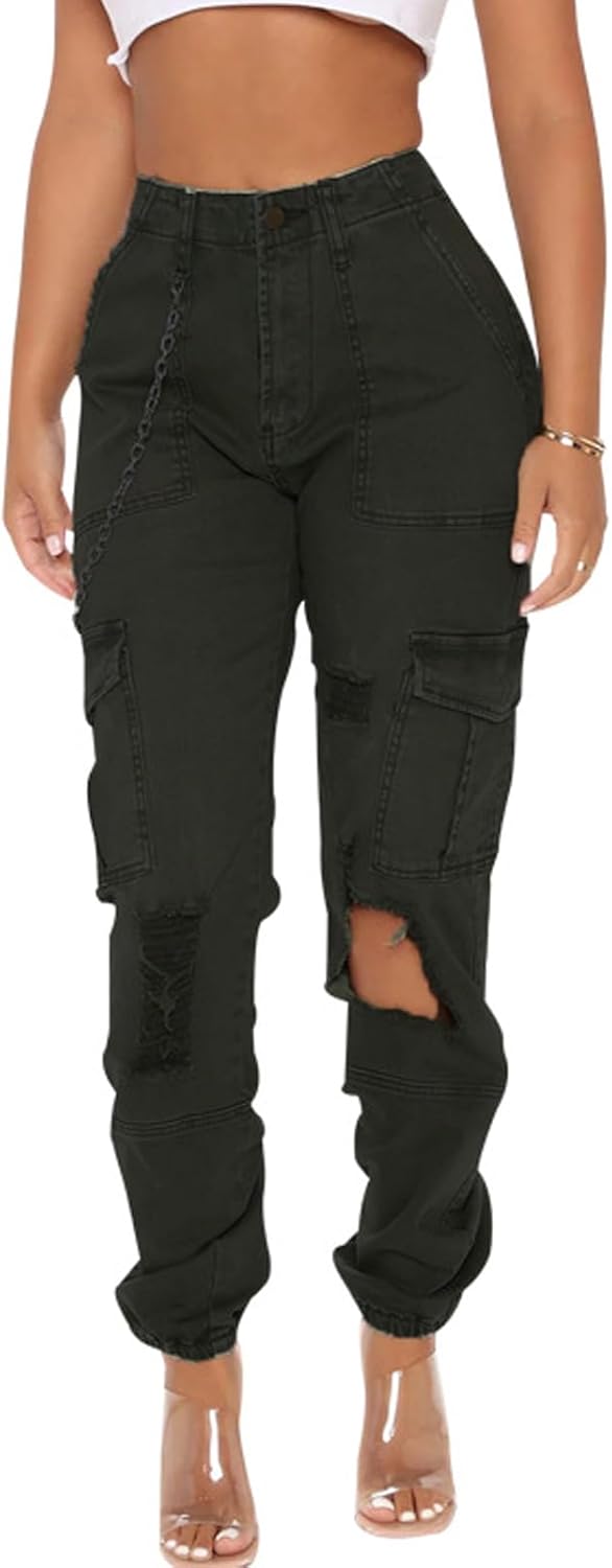 Women's High Waisted Ripped Cargo Pants with Flap Pocket Slim Fit Y2K Fashion Jeans Sweatpants Streetwear No Chain