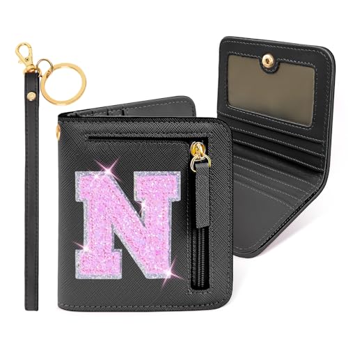 Image of COSHAYSOO Initial Wallet RFID Small Bifold Slim Letter Wallet for Women Teenager Girls Travel Daily Necessities Credit Cards Money Cash Coin Organizer, Black, Compact, N