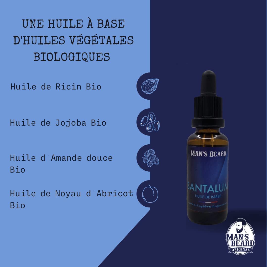 Man's Beard - Huile à barbe parfumée Santalum 30ml – Parfum bois de Santal - Soin et entretien hydratant naturel pour la barbe - Ingrédients d'origine naturelle -100% Fabrication Française