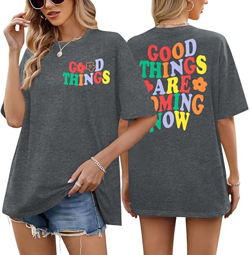 NANYUAYA Oversized T Shirt Damen Rundhals Kurzarm Oberteile Lockere Basic Sommer Tee Shirts Bluse Brief Drucken Lang Top