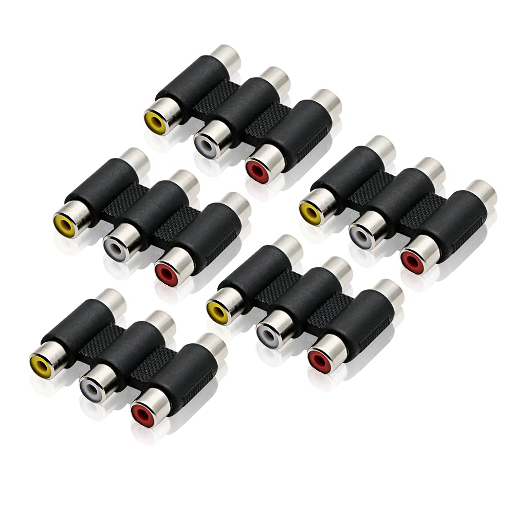 rgzhihuifz RCA Coupler 5 Pack Audio Video Female to Female Connector 3-RCA Jacks to 3-RCA Jacks Adapter Jointer - White/Red/Yellow