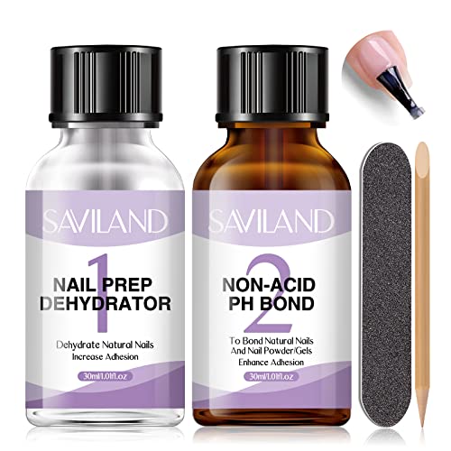 SAVILAND Nail Dehydrator and Non-acid PH Bond Set â 2 * 30ml Nail Prep Dehydrate and Acid-free Bond, No Burn Fast Air Dry Superior Bonding Long-Lasting Nail Prep Set for U V Gel Polish Acrylic Powder