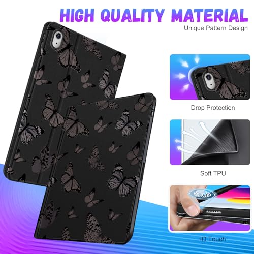 Pegmode for iPad 10th Generation Case 10.9 Inch Women Girls Butterfly Cute Folio Cover Black Girly Aesthetic Pretty Design With Pencil Holder Cover for Apple iPad 10th Gen Cases 2022 A2696 A2757 - Image 4