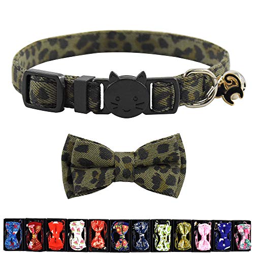 Image of Pipidog Cat Collar Breakaway with Bell and Accessories, Leopard Kitten Collar Bowtie for Kitty 20 Colors Adjustable 7.5-11in (Green Leopard)