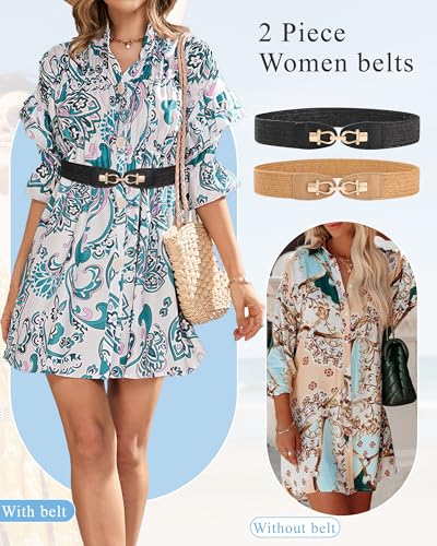 Kajeer Women Belt Elastic Waist, 2 Pcs Women Straw Belt Metal buckle Breathable Boho Braided Belt for Dress Casual3