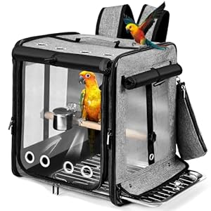 Suertree Bird Carrier with Seat Belt for Car Travel, Bird Backpack Carrier with Indestructible Stainless Steel Mesh, Large Bird Carrier Travel Cage, Grey