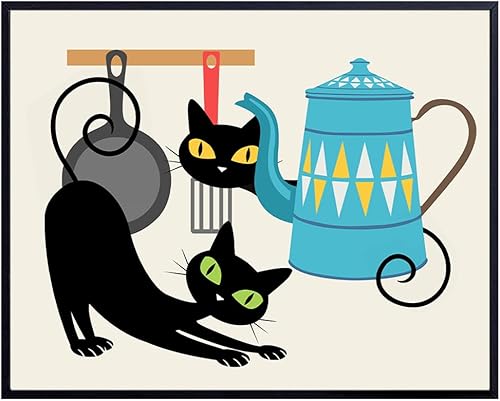 Decoración moderna de comedor de mediados de siglo, arte de pared y decoración de gato lindo, arte de pared de cocina, imagen minimalista, impresión