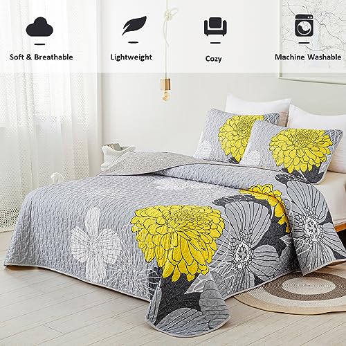 Anibedding Yellow Floral Pattern Quilt Set Queen Size - 3 Pieces Quilt Coverlet Elegant Bohemian Bedspread With 2 Pillowcases Soft Lightweight Bedding Quilt Set For Adults (Yellow,90"X90") #TOP1