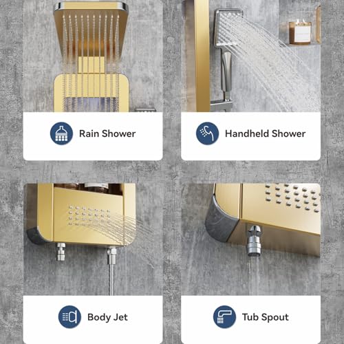 Image of ELLO&ALLO LED Rainfall Shower Head and Rain Massage System with Body Jets Stainless Steel Bathroom Shower Panel Tower System with Shelf, Brushed Gold&Chrome