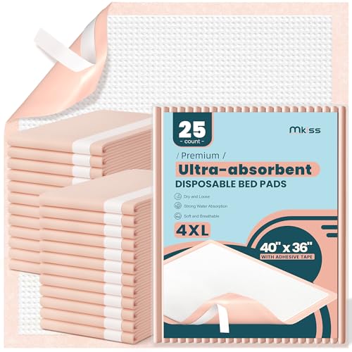 Image of MKISS Extra Large Bed Pads with Adhesive Strips 40 inch x 36 inch 25 Count Super Absorbent Thicker Disposable Underpads Heavy Duty Incontinence Pads for Adults & Senior, Kids, Chucks Pee Pads for Training Pad