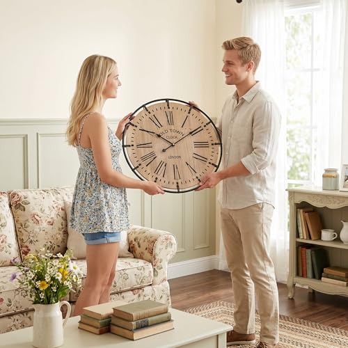 Image of EMAX HOME 20 Inch Large Farmhouse Wall Clock, Light Wood Grain Face with Black Metal Frame, Silent Non-Ticking Quartz Movement, Easy-to-Read Roman Numerals, for Living Room, Bedroom, Kitchen.
