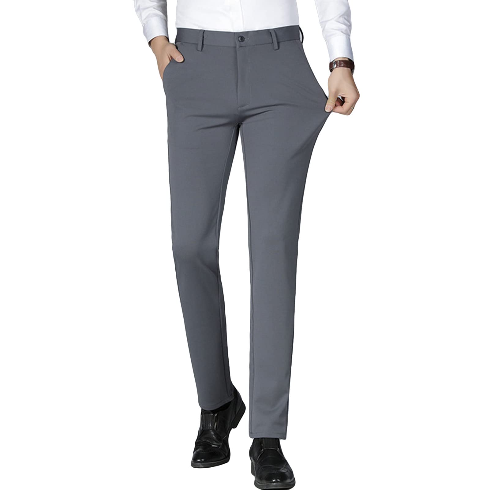 Maiyifu-GJ Mens 4-Way Stretch Dress Pant Straight Fit Flat Front Tapered Suit Pant Lightweight Business Comfort Trousers