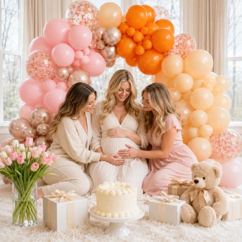 Image of Fall Balloons 55pcs, Thanksgiving Orange Pink Gold Confetti Balloons Set | Fall Color Orange Nude Pink Metallic Gold Balloons for Friendsgiving Little Pumpkin Baby Shower Autumn Harvest Birthday Decor