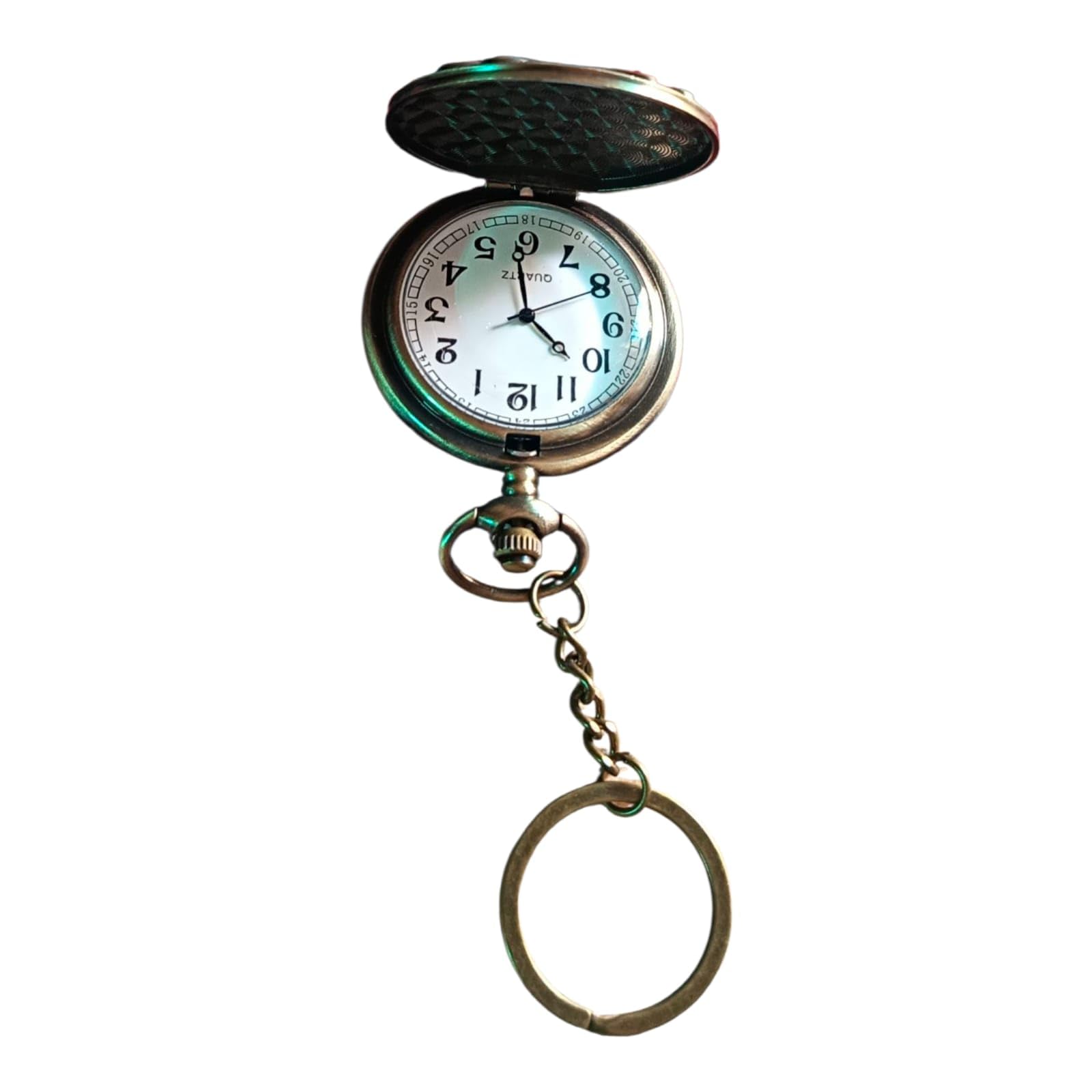 Vintage Bronze Pocket Watch Keychain with Decorative Crest Design, Antique Style Double-Sided Case, Analog Display