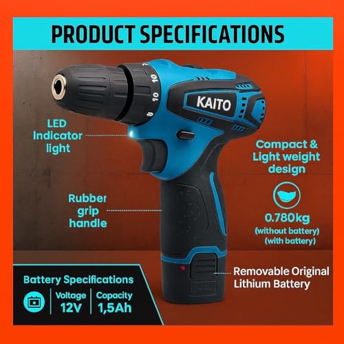Image of KAITO 12V Cordless Drill Machine Kit | 2-Speed Electric Screwdriver Drill Set with Accessories | 10mm Keyless Chuck | 1500 RPM | Multi-Torque Clutch | 2 x 1.5Ah Batteries | For Home & Professional Use