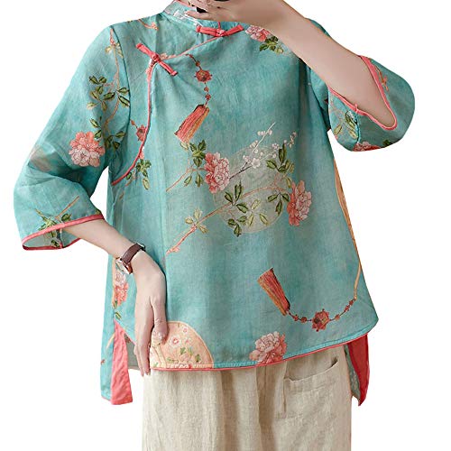 Women Summer 3/4 Sleeve Chinese Blouse Top Traditional Mandarin Collar Ethnic Cotton Linen Qipao Shirt (Blue, Large)
