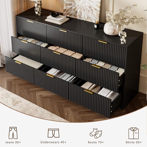 Image of MAISONARIA Black 9 Drawer Dresser for Bedroom, 63 inch Wide Modern Fluted Dresser with Gold Metal Handles, Chest of Drawers for Bedroom, Living Room, Entryway, Hallway