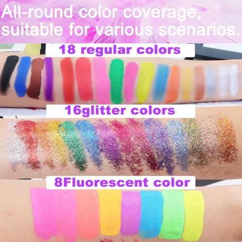 Image of 42 Color Face Painting Kit, Water Activated Face Paint Kit, Safe for Sensitive Skin Easy to Use, With Stencils & Brushes, Facepaint Makeup Kit for Parties, Birthdays, Halloween