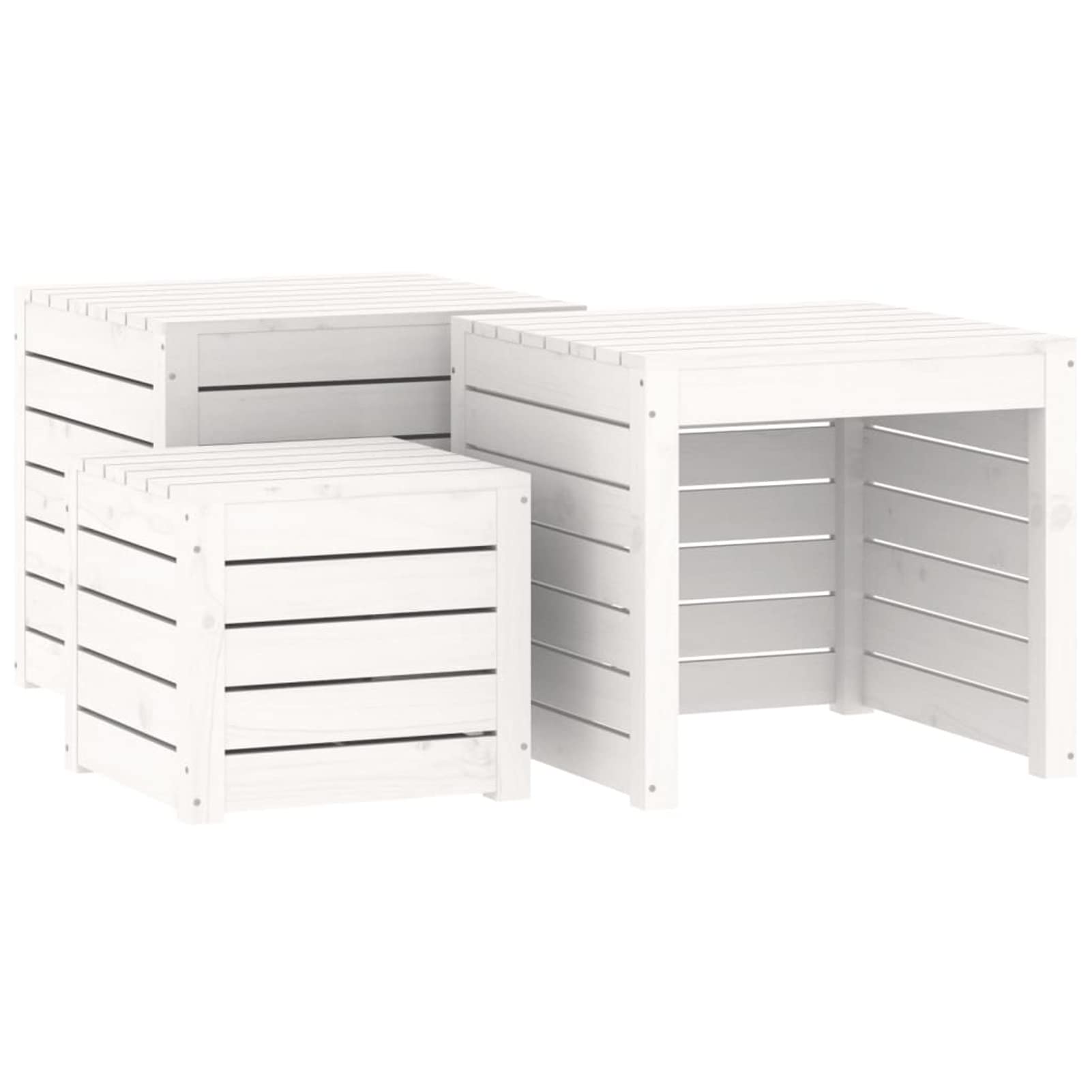 Gecheer Set di scatole da giardino, set di 3 pezzi, bianco legno di pino massiccio, contenitore di immagazzinaggio esterno, organizer per attrezzi da giardino, cassapanca per balcone, piscina,
