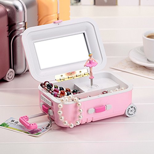 Pro_Shop Suitcase Musical Jewelry Box for Girls Trolley Case Style Ballerina Treasure Music Box with Mirrors Pink