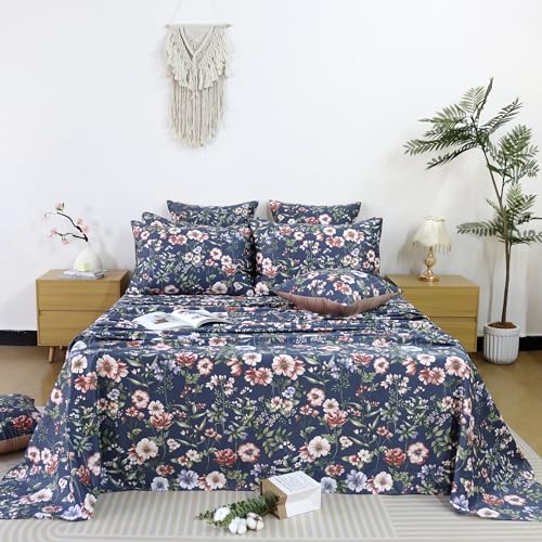 Image of FADFAY Sheets Set King Vintage Dark Blue Floral Bedding Shabby Peony Floral Sheets Navy French Country Farmhouse Bedding 800 Thread Count 100% Egyptian Cotton Deep Pocket Fitted Sheet 4Pcs, King Size