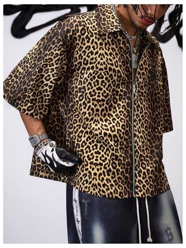 SHENHE Men's Summer Leopard Print Shirt Full Zip Up Short Sleeve Baggy Shirt Streetwear Top2