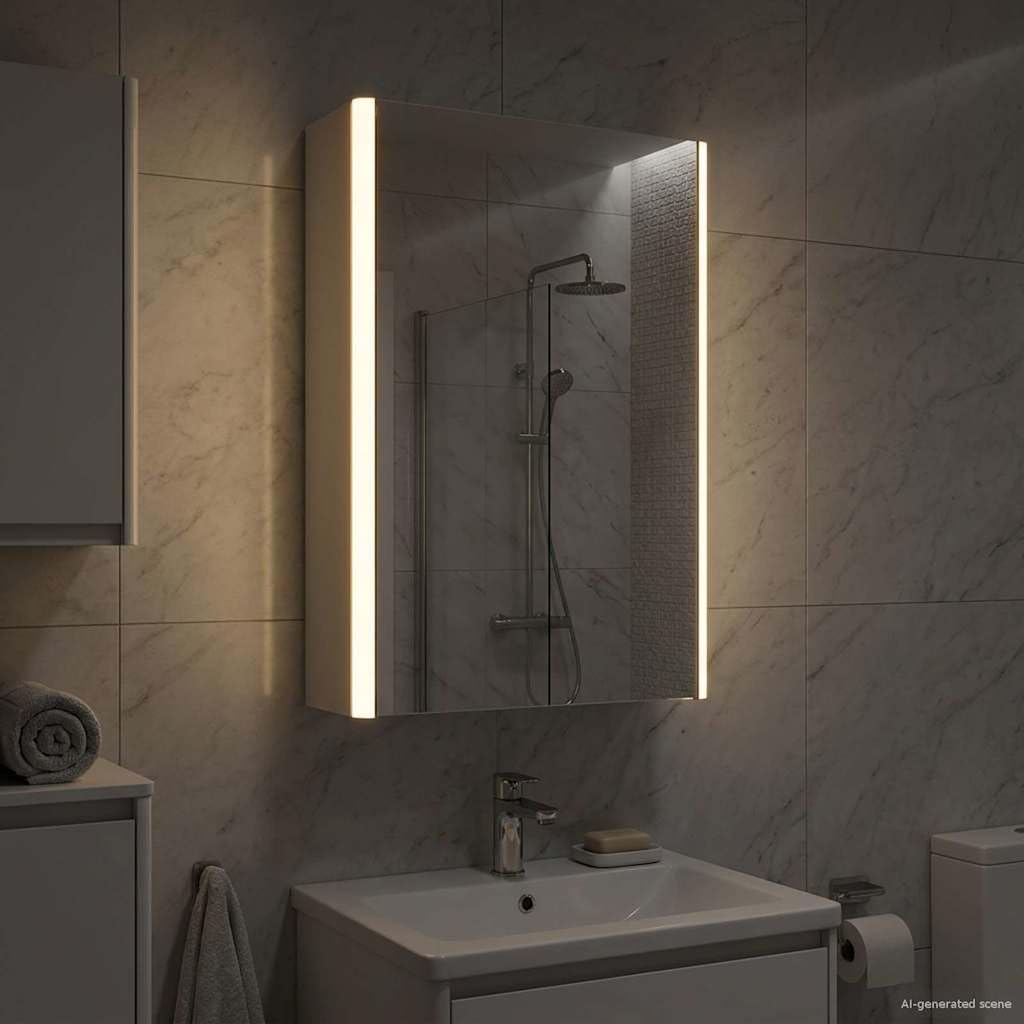Szafka łazienkowa z lustrem biała z materiału drewnopochodnego, 33 x 11,5 x 50 cm, montaż ścienny, paski LED, dwustronne lustro, 2 półki, miejsce do przechowywania mebli łazienkowych i