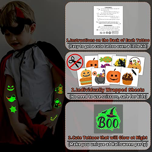Partywind 204 PCS Individually Wrapped Sheets Glow Halloween Tattoos for Kids Party Decorations, Luminous Pumpkin Tattoo Stickers, Kids Halloween Treats, Party Supplies2